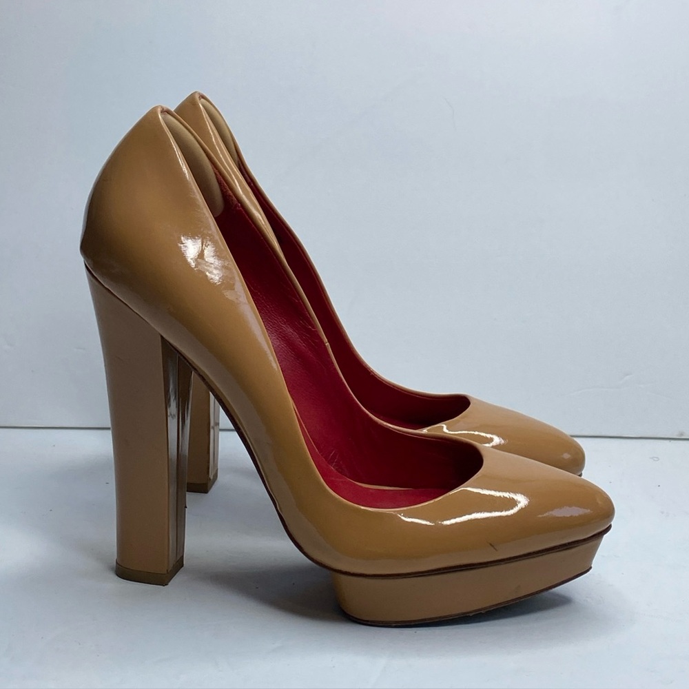 Charles Jourdan woman’s SZ 8.5 Elegant Patent Tan 4.5 inch platform High Heels